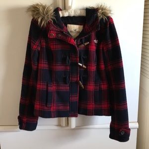 Hollister Fur Hood Plaid Jacket Red & Black Medium